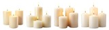 Fototapeta  - Set of pillar candles with flames illuminated, cut out