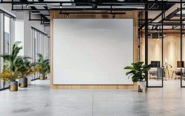 Wall Mural - Modern coworking office interior with blank white mock up banner on wall, panoramic windows and city view, daylight, wooden flooring, furniture and decorative plant. 3D Rendering