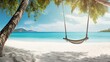 Tropical beach panorama as summer landscape with beach swing or hammock and white sand and calm sea for beach banner.