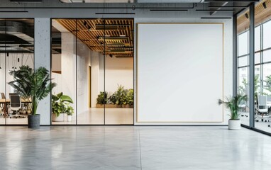 Wall Mural - Modern coworking office interior with blank white mock up banner on wall, panoramic windows and city view, daylight, wooden flooring, furniture and decorative plant. 3D Rendering