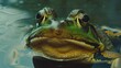 Close up of a green frog in water