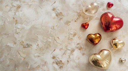 Wall Mural - Collection of shiny heart-shaped balloons on gold marble background