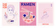 Aesthetic asian illustration street food, wok, ramen, sushi, matcha tea. Interior wall art, poster. Editable vector illustration. The inscription in Japanese means 