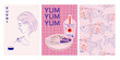 Aesthetic asian illustration street food, wok, ramen, sushi, koi fish. Interior wall art, poster. Editable vector illustration.