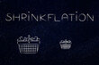 Shrinkflation design with shopping baskets, products getting smaller for the same price due to Inflation
