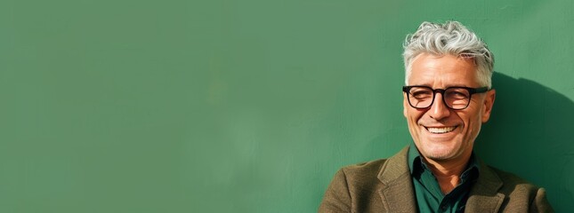 Wall Mural - Photo of a smart man in his 20s with short silver hair and black glasses, smiling while using an smartphone mobile phone on a green background with copy space for text. Web banner with copyspace