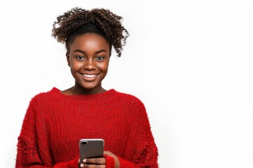 Wall Mural - Portrait of smiling happy african american woman using smartphone isolated on white background, wearing red sweater with copy space for text or promotion banner.