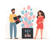 Gender reveal party. This twins. Couple opening surprise gift box with inscription Boy or girl. Family expecting unborn children. Blue and pink balloons. Baby shower. Cartoon vector illustration.