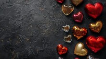 Assorted Metallic Heart-shaped Decorations On A Textured Black Background