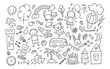 Children drawings set. Kid doodle elements. Boy, girl and robot. Sun in clouds, summer flowers, painted house and castle, cute cat and teddy bear. Line ship. Vector illustration on white background.