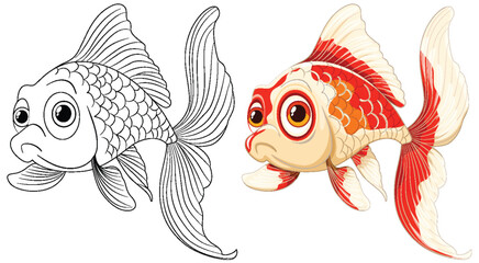 Wall Mural - Black and white sketch beside a colored goldfish illustration.