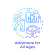 Adventure for all ages blue gradient concept icon. Travel with seniors, kids. Outdoor activities. Travel trend. Round shape line illustration. Abstract idea. Graphic design. Easy to use in blog post