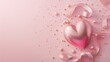 A glittery pink heart with pearls, beads, and ribbons on a pink background.