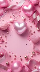 Wall Mural - Romantic pink decoration with heart balloons, beads, and ribbons