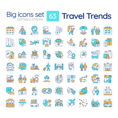 Wall Mural - Travel trends RGB color icons set. Global travel. Responsible tourism, Technology integration. Travel activities. Isolated vector illustrations. Simple filled line drawings collection. Editable stroke