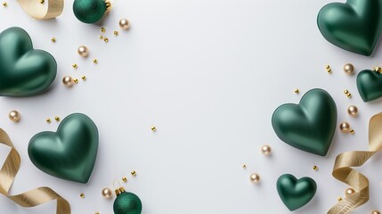 Wall Mural - Green heart ornaments with golden accents on a white background