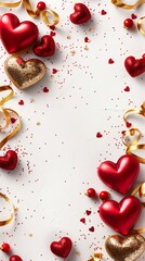Wall Mural - Festive Valentine's Day hearts and ribbons on a white background