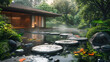 Zen garden with a tranquil pond and stepping stones leading to a pavilion