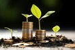 A young plant sprouting from a stack of coins symbolizes investment growth