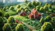 3d isometric illustration of a farm with a red barn, silo and vegetable garden, surrounded by trees and animals