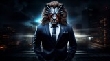 Fototapeta  - Full-length shot of a lion exuding power and sophistication, clad in a business suit against a dark, enigmatic background, Futuristic