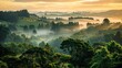 Breathtaking view of the trees and foggy hills captured at sunset in Hawke's Bay,  ,Generative ai, 