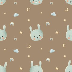 Wall Mural - cute nursery nighty dreamy bunny seamless pattern, clouds, stars, rainbows, pastel colors