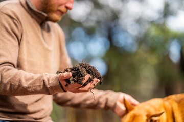 Wall Mural - agronomist on a farm practicing agronomy holding soil, doing soil tests in her home laboratory. Looking at soil life and health