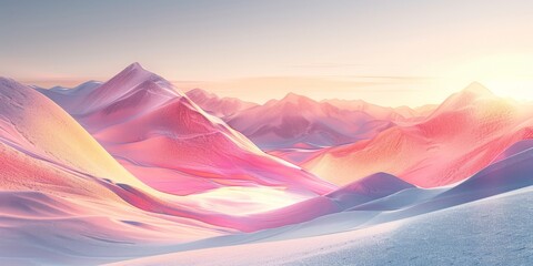 Canvas Print - Light pink and gold geometric abstract, pastel tones, high-res image capturing snow-covered mountains at sunset.