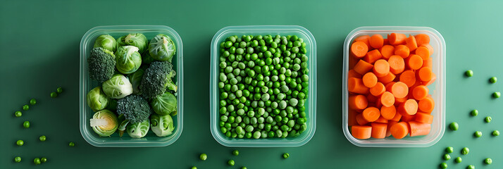 Various frozen vegetables in plastic containers on green background, top view. Frosty green peas, orange carrots, and green brussels sprouts, food preservation concept.