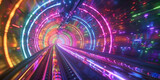 Fototapeta Perspektywa 3d - High-speed light trails through the tunnel, 3d colorful blue red pink oraange glowing grid tunnel with black hole, Cosmic wormhole. Abstract colorful tunnel banner
