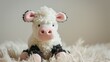 Fluffy cow plush toy with soft pink details sitting on a textured surface
