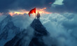 Success and achievement concepts with man reaching flag on mountain  peak in breathtaking landscape background