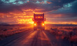 truck driving on small country road in front of beautiful sunset