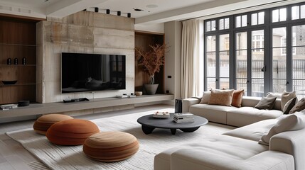 Wall Mural - Modern Living Room Interior with Elegant Decor and City View