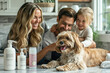 A smiling family gathers around their pampered pup, surrounded by pet care products, highlighting the joy and closeness of pet ownership.