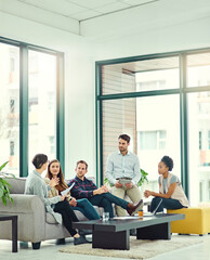 Poster - Business people, modern office and brainstorming with planning, social impact and ideas for project. Diversity, share input and group with feedback and production review with synergy or creative team