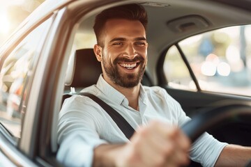 Wall Mural - Handsome young man is driving a car and smiling driving a car with a clear view of the city through the window. showcasing safe driving with a seatbelt