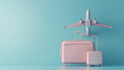 Wall Mural - A blue suitcase with a pink and white airplane on top of it, 3D render of travel elements suitcase and hat, camera with map background, plane flying in the sky.