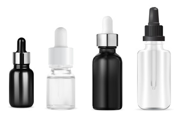 Wall Mural - Liquid serum dropper bottle. Essential oil treatment container, vector mockup. Set of eyedropper flask for collagen beauty product, black and white design. Pipette bottle template