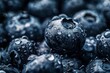 Macro shot of fresh blueberries covered in water droplets, with a dark, detailed background. Close-Up of Blueberries with Water Droplets