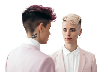 Wall Mural - Non-binary people with wing tattoos standing on a high mountain Look at the scenery,Isolated on a transparent background.