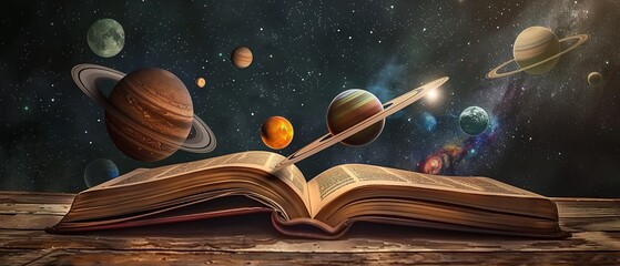 Wall Mural - A creative representation of the solar system emerging from an open book