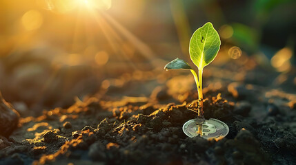 A seedling grows on a coin lying on the ground. Green investment concept, Increasing money to invest. AI generated