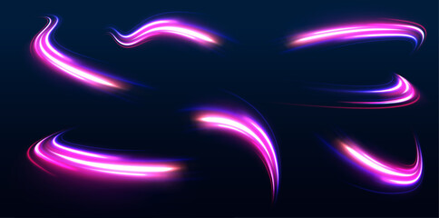 Poster - Big set neon sparks light trail, fire flare, expressway concept. Modern abstract high-speed light motion effect on black background. 