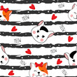 Seamless pattern with many different  red and black and grey heads of cats on white striped background. Vector illustration for children.