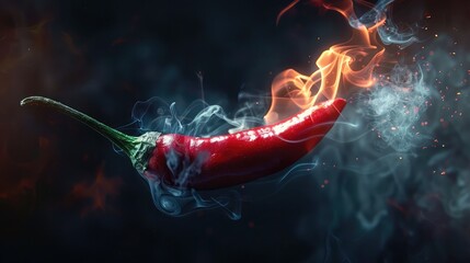 Red hot chili pepper with smoke coming out of the tip that is burning and glowing,A flaming hot red chilli pepper on fire,Hot chili peppers on wooden background with fire and smoke. Selective focus
