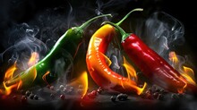 Three Various Colored Chili Peppers With Flames And Smoke On A Black Backdrop, Red Hot Chili Pepper Burns On Black Background. 