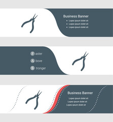 Wall Mural - Set of blue grey banner, horizontal business banner templates. Banners with template for text and round pliers symbol. Classic and modern style. Vector illustration on grey background