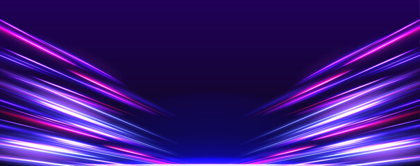 Leinwandbilder - Vector speed of light in space on dark background. Neon speed in panoramic technology concept, on dark abstract background.